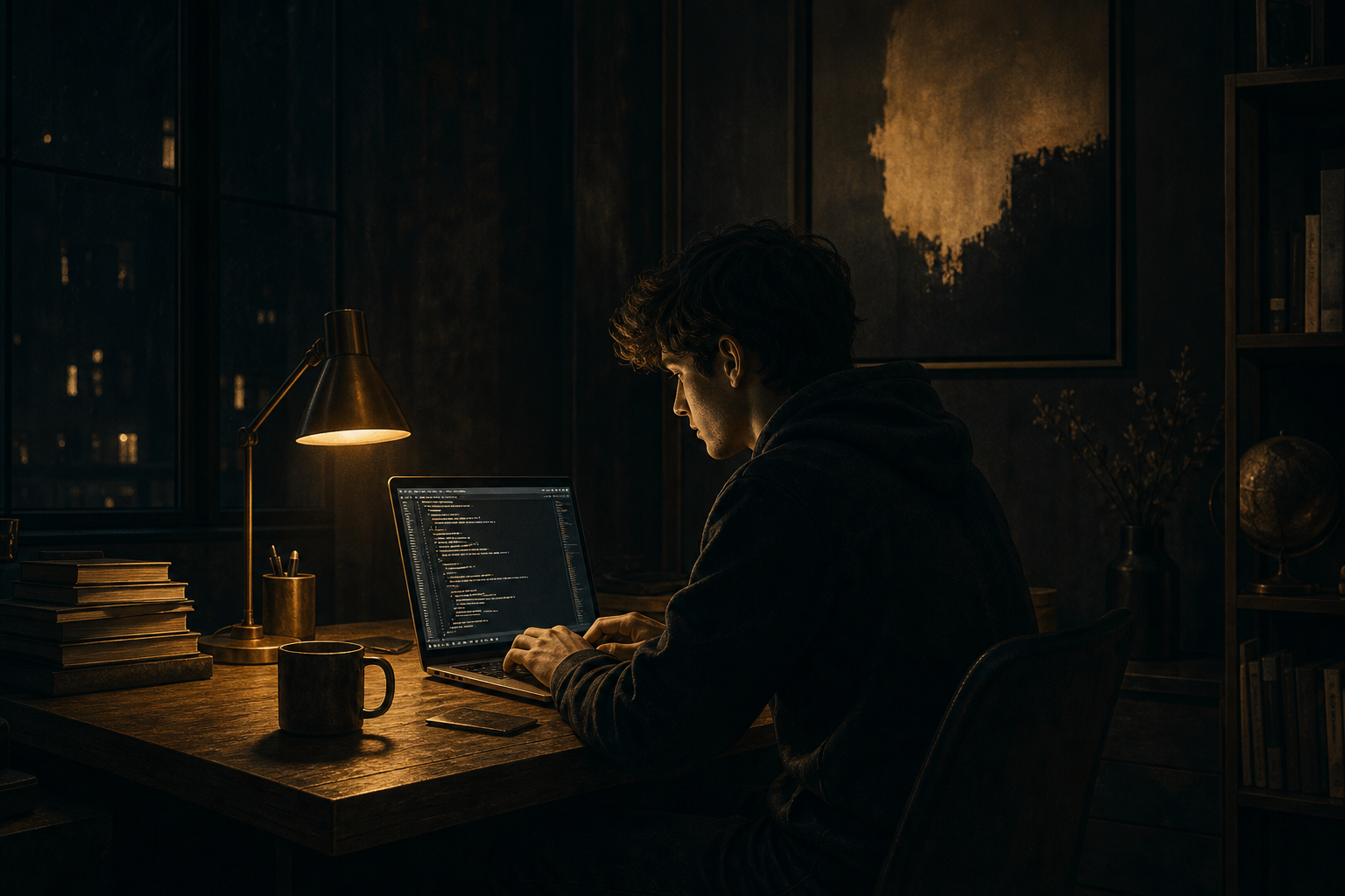 A student coding late at night